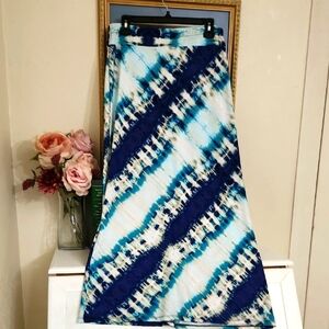 Tye Dye  White Blue A-Line Maxi Skirt Beach Vacation Cruise Summer Brunch Medium